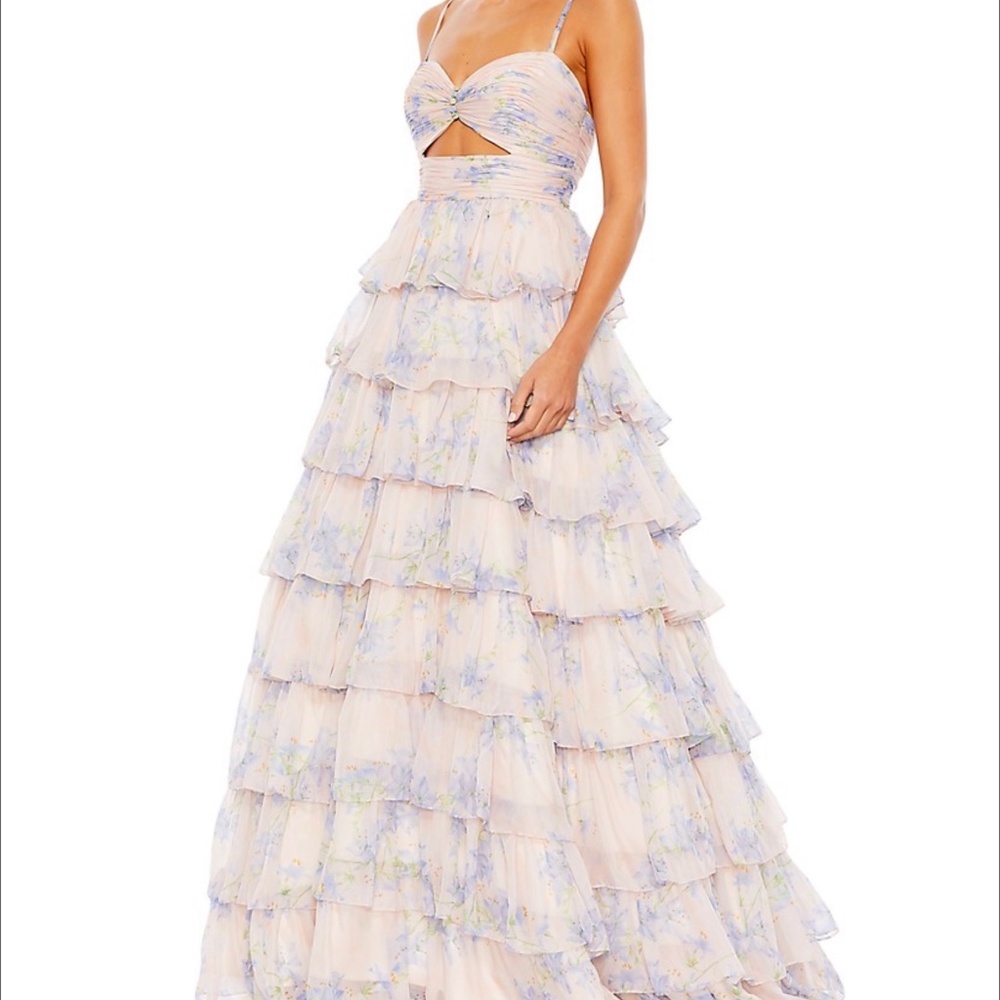 Mac Duggal Floral Cut Out Ruffle Layered Gown